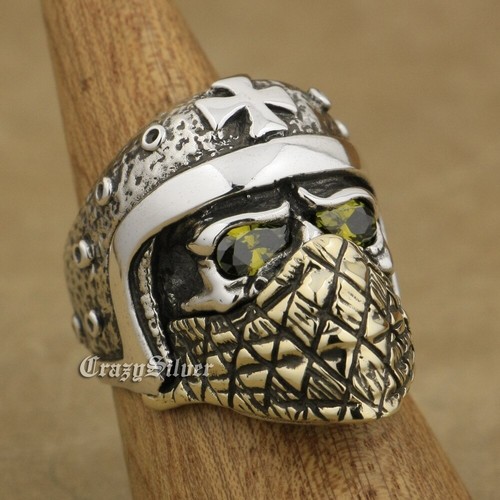 CZ Eyes 925 Sterling Silver Motorcycle Helmet Brass Face Skull Ring TA2XC N½~Z4 - Picture 16 of 20