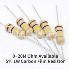 100PCS 1W Carbon Film Resistor 5% 0R-20M 1K-1M Ohm Color Ring Resistance 1R-500R