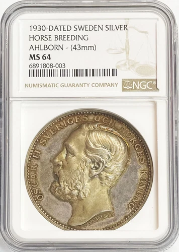 1930 SILVER SWEDEN OSCAR II HORSE BREEDING AWARD AHLBORN 43 MM MEDAL NGC MS 64