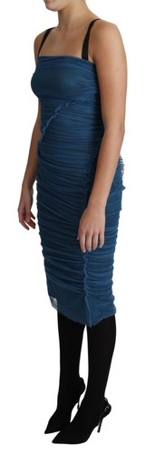 DOLCE & GABBANA Dress Blue Draped Tulle Midi Sheath Cotton IT38/US4/XS RRP $2800 - Picture 2 of 12