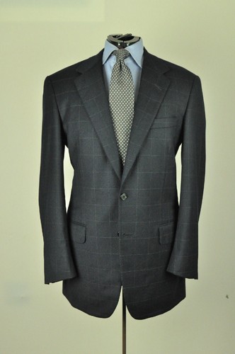 Oxxford Clothes 100% Wool Flannel Navy Blue Windowpane Suit 41/42 Long USA - Picture 2 of 12
