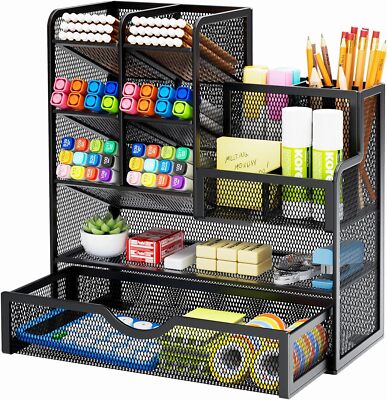 Marbrasse Mesh Pen Holder for Desk, Desk Organizer with Drawer, Multi-Functional