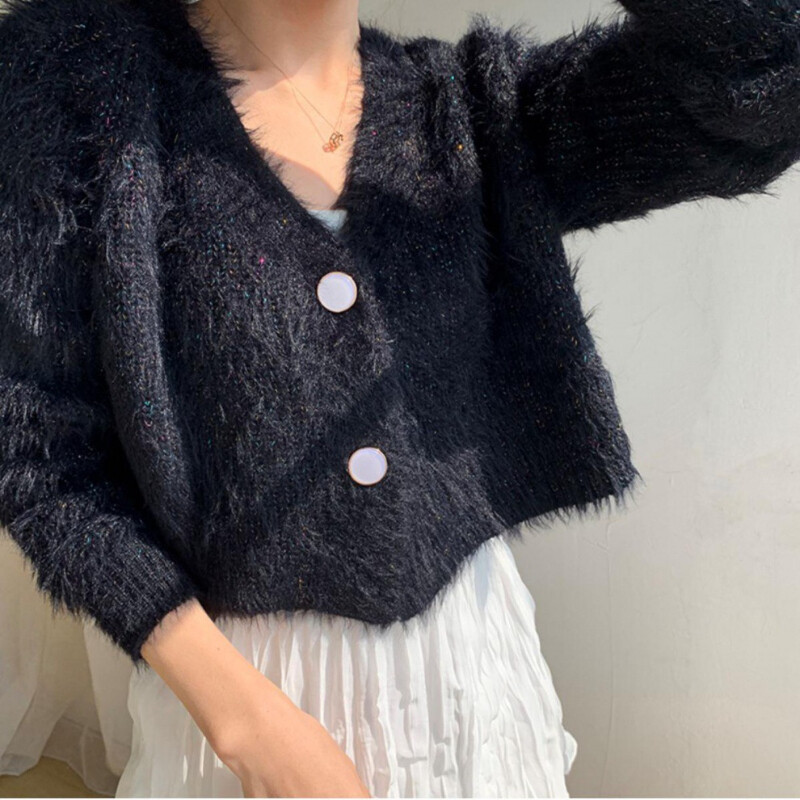 Lady Faux Mohair Knitted Short Sweater Warm Cardigan Fluffy Jumper