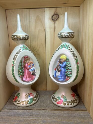 RARE FIND PAIR of Byron Molds 1977 Ceramic Christmas Boy & Girl Table Top Decor - Picture 1 of 15