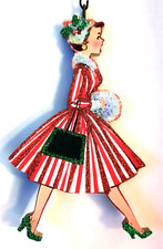 50s WOMAN in RED STRIPED DRESS, GREEN PURSE Glitter CHRISTMAS ORNAMENT * Vtg Img