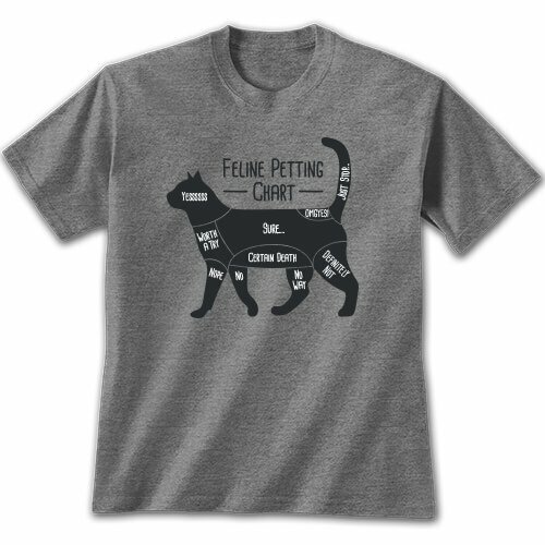 Cat T-shirt S L XL Feline Petting Chart Short Sleeve New Gray