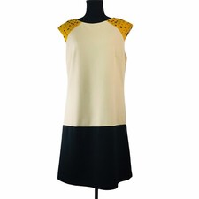 Luxology Dress Women's Size 12 Sleeveless Mustard Black Cream Bead Detail