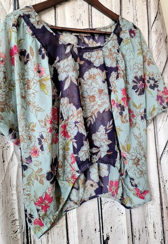 FOREVER 21 Sheer Chiffon Blouse Blue XS+ Batwing Floral Cottage Core Floaty Boho