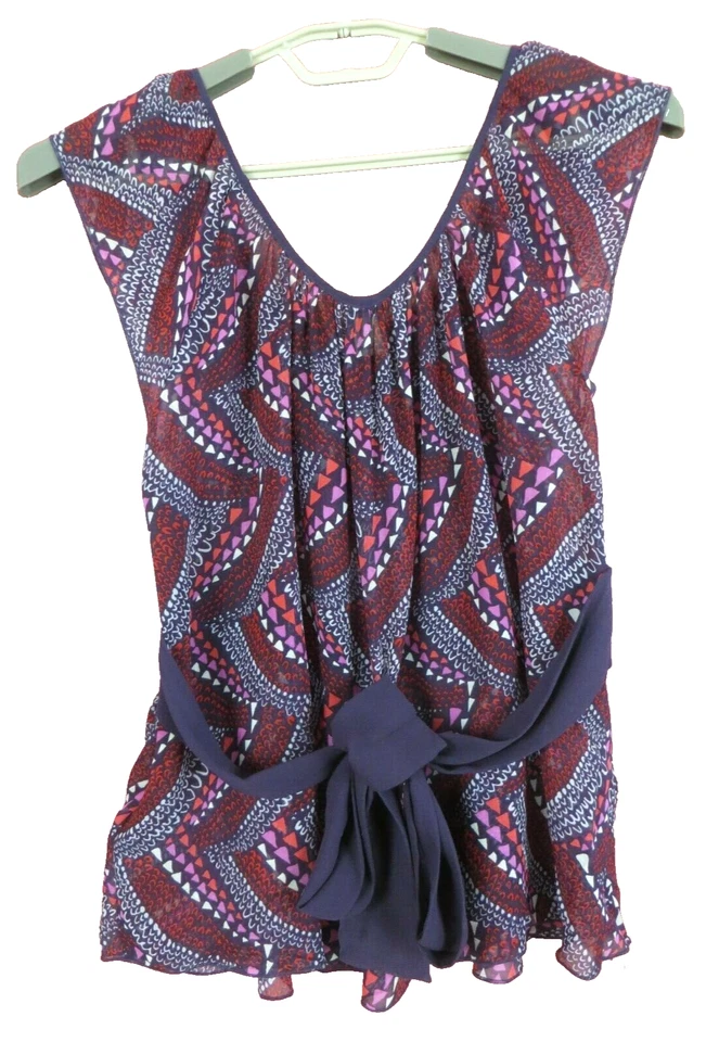 TB12241- ODILLE Mujer Fina Seda Blusa Corbata Cintura Geométrica Multicolor Talla 8 Foto 2 de 4