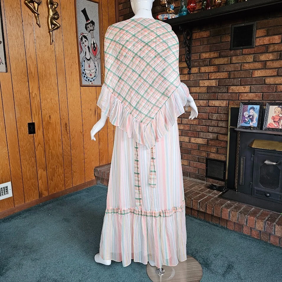 Maxi Vestido y Mantón De Colección Años 70 Corsé a Rayas Frutas Boho Hippie Cottagecore Pradera S Foto 2 de 4