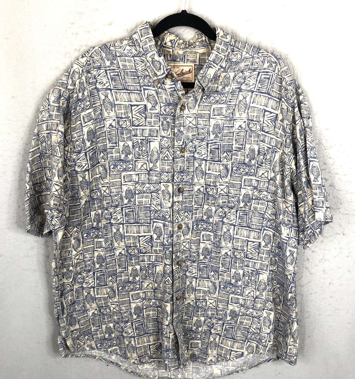 Woolrich Shirt Mens XL Blue Aztec Fish Floral 90s 100% Cotton Beach Camp Art