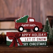 Jetec 4 Pcs Red Truck Christmas Decoration Wooden 5.5 inches, multicolor