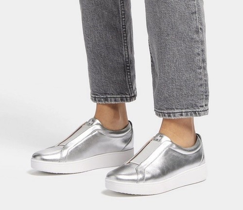 Fitflop RALLY Elastic Metallic-Leather Slip-On Sneakers Size 9 NWOB