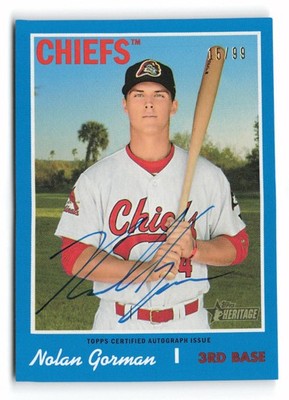 2019 Topps Heritage Minor League Nolan Gorman Blue Border #23 #/99 Peoria Chiefs