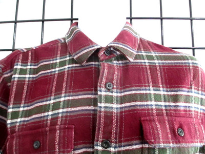 L.L. BEAN    MENS MEDIUM==BURGUNDY, GREEN & WHITE PLAID / HEAVY FLANNEL/ SHIRT