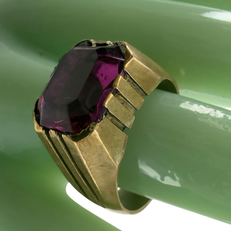 ВИНТАЖ ✨ Арт-деко печатка огранки стекла рубин аметист мужское кольцо 9,75 золото латуни - Изображение 3 из 4
