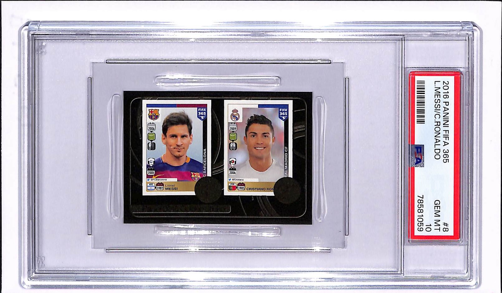 2016-17 Panini Fifa 365 Lionel Messi Cristiano Ronaldo Stickers #8 PSA 10 GEM