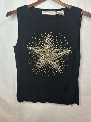 Lucia Burns Fine Knit Sleeveless Top Black With Gold Sequin Star Womans Size XL