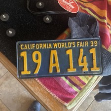 Vintage 1939 Automobile California License Plate, "World's Fair 39" Blue, Yellow