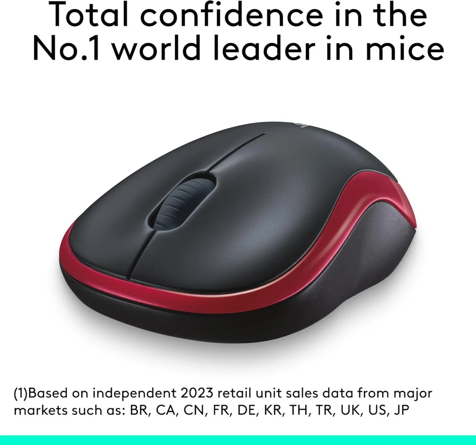 Logitech M185 Wireless Mouse, 2.4GHz with USB Mini Receiver, 12-Month Red  - Image 3 of 4