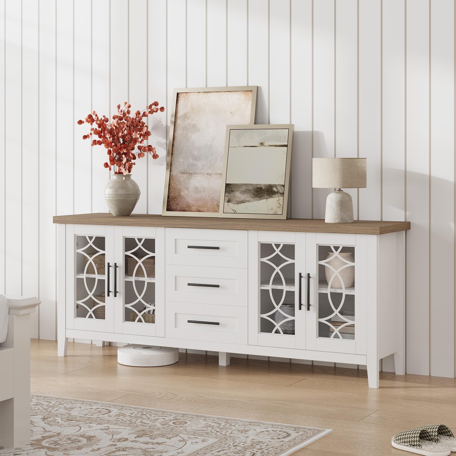 For 70" Tv Entertainment Center With Glass Doors & 3 Drawer Retro Style