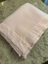 Vintage Pink Acrylic Satin Trim Blanket 32 X 48 GUC Made In U S A