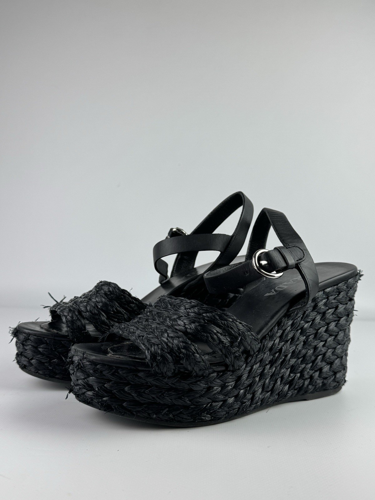 Prada Raffia Crisscross Wedge Sandals Espadrilles Black US 7.5