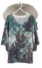 Women Within Pullover Top Size 1X Green Brown Floral Shirt V-Neck 3/4 Sleeve