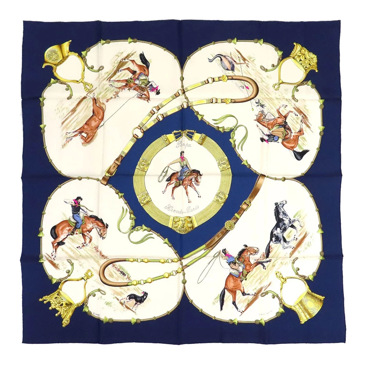 Hermes — HERMES Carre 90 Pampa Scarf unisex Navy white [Excellent Condition]【A】