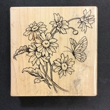 Cluster of Daisies and a Butterfly Rubber Stamp Large Stamp 4x4 " Light Stain