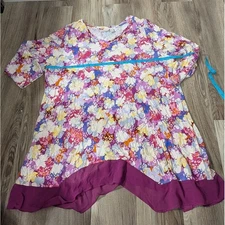 LOGO By Lori Goldstein, XL, Floral Long Sleeve Tunic Top, Bright, Style Kennedy