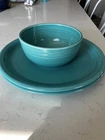 (3) LOT Fiesta Ware Homer Laughlin Fiesta Turquoise 10” Plates Gusto Bowl