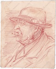 Disegno uomo anziano cappello artista Leone Leone LEO MORANDINI Cividale Friuli