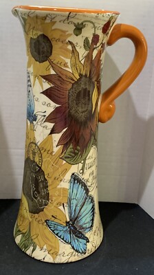 CBK CERAMIC SUNFLOWER & BUTTERFLY PITCHER/VASE~13.25  TALL