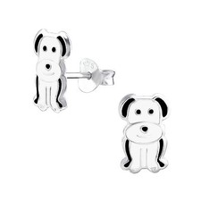 925 Sterling Silver Black  White Puppy Dog Kids Girls Women Stud Earrings Gift