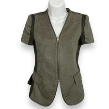 Zip-Up Blouse Lace Military Green Sheer Panels Unique Mixed Fabrics Top Shirt