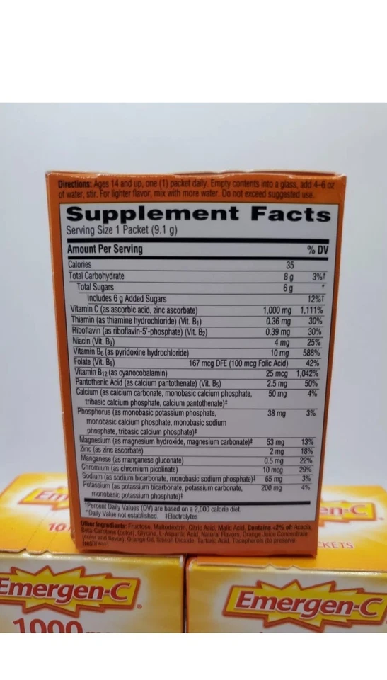 3 Pack (30 Packets Total) Emergen-C 1,000 mg Vitamin C ORANGE Drink Mix EX:07/26 - Image 2 of 2