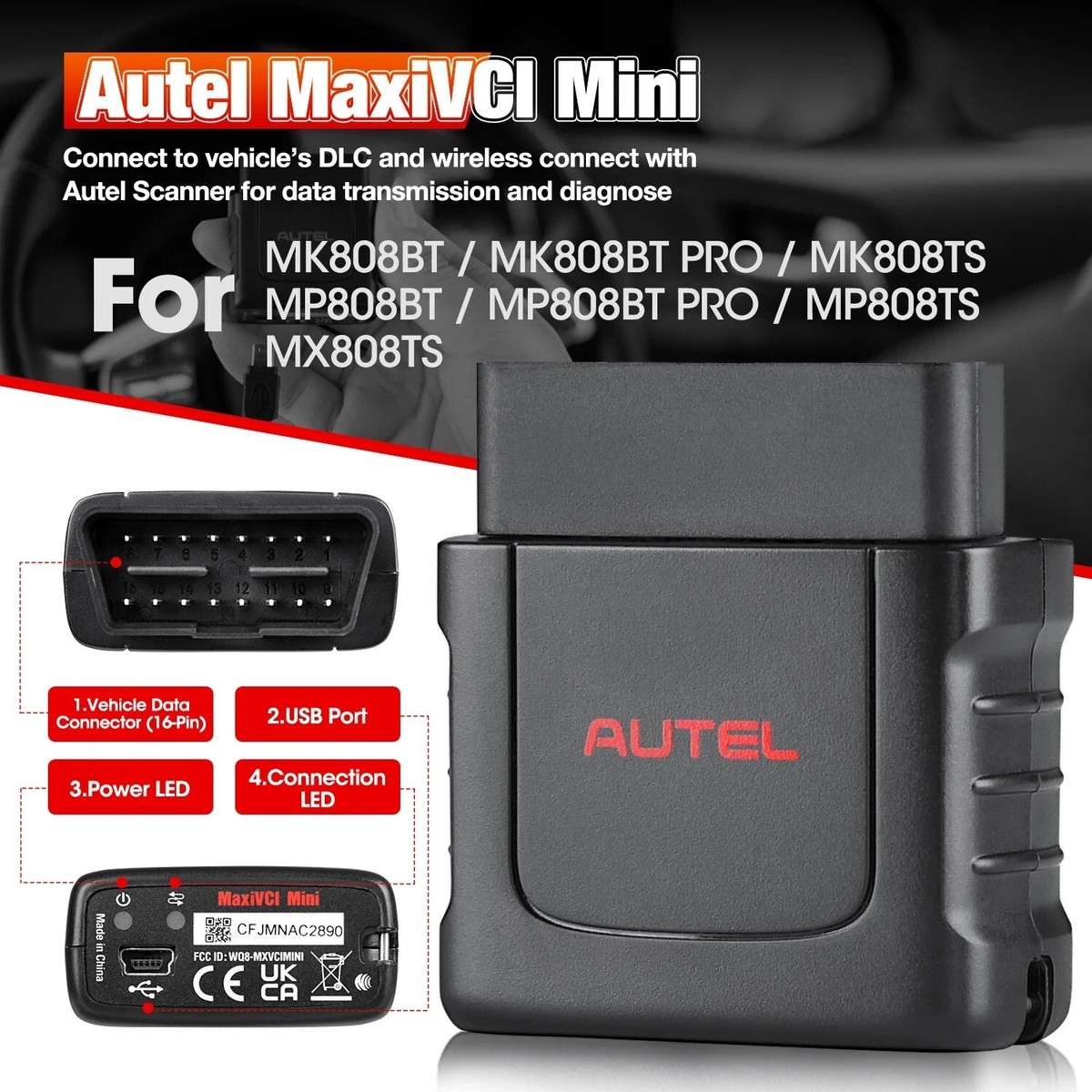 Autel MaxiSYS VCI100 Wireless Bluetooth OBD2 Diagnostic Interface Dongle For MS906BT Etc.