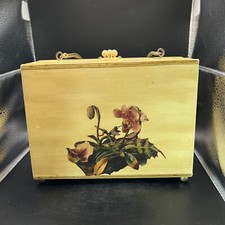 Vintage Decoupage Style Wooden Yellow Box Handbag Chain Handle Floral Scene