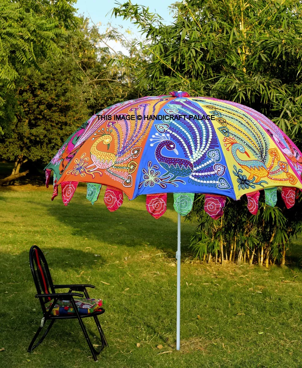 Indian Garden Parasols Peacock Embroidered Outdoor Sun Shade Patio Umbrella  72