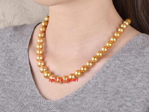 top luster long 22"10-12mm real round south sea golden pearl necklace 14K gold - Picture 1 of 9