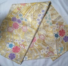 Furisode Obi Kimono Accessory White Floral Used 440cm Length