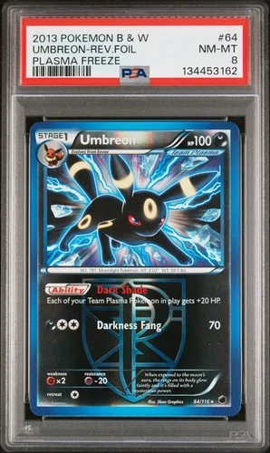 2013 POKEMON B&W PLASMA FREEZE #64 UMBREON-REVERSE FOIL PSA 8