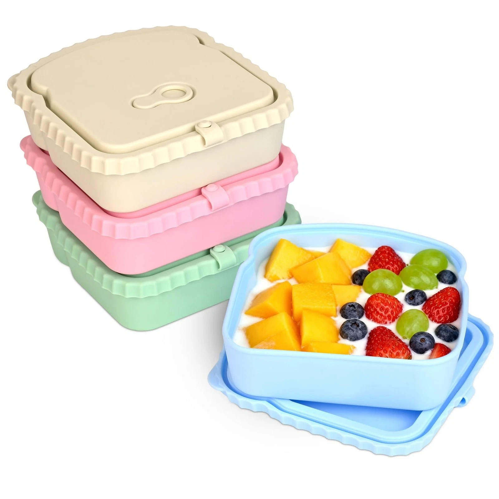4 Pack Silicone Sandwich Container with Leakproof Lids, 15oz Reusable Lunch B...
