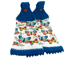 Boho Butterflies Hanging Kitchen Towel Set Crochet Top Butterfly Turquoise Blue