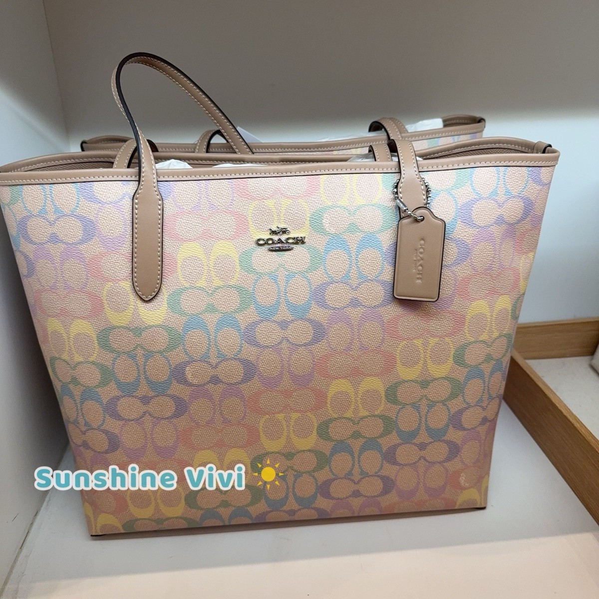 NWT Coach City Tote Bag In Rainbow Signature Canvas CDA93 Sand