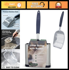 Heavy Duty Stainless Steel Cat Litter Scoop with Holder - Non-Slip Handle, Clump