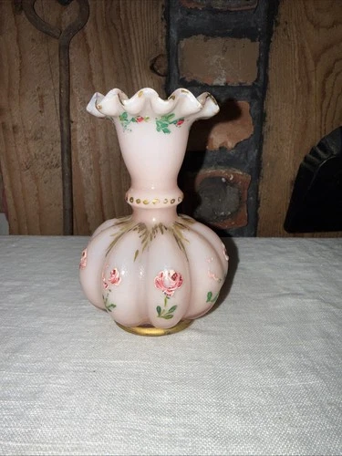 Vintage Vase Fenton Pink Floral Painted Glass