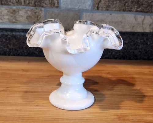 Vintage Fenton Silver Crest white milk glass ruffled edge pedestal bowl5"Hx5.5"D