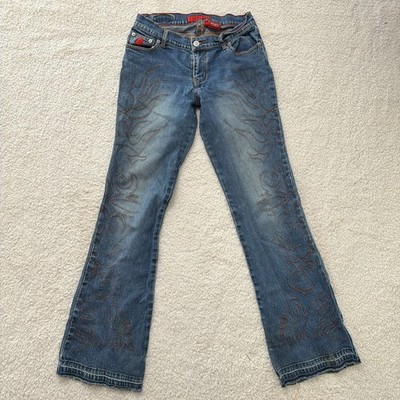 Rare Vintage Y2K Bongo Embroidered Flare Jeans - Low Rise Tribal Flame - Size 7